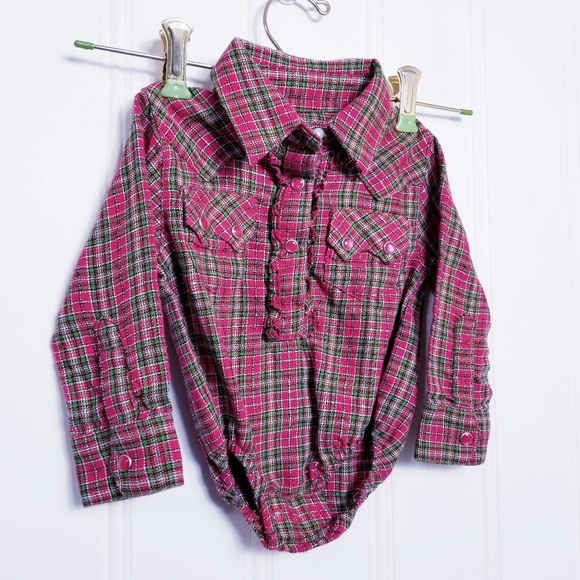 Wrangler Shirt Baby Girl 3-6 Months Pearl Snap Plaid Ruffled One Piece Western - Picture 1 of 9
